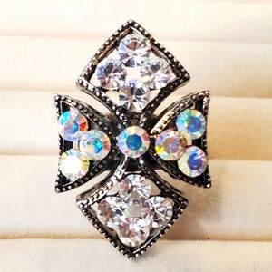 Studded Women's Maltese Cross Ring Elongated Silver + Aurora Borealis Stones